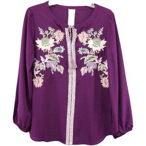 Chicos Purple Embroidered Floral Tassel Tie Front Top Size M 1 Long Sleeve